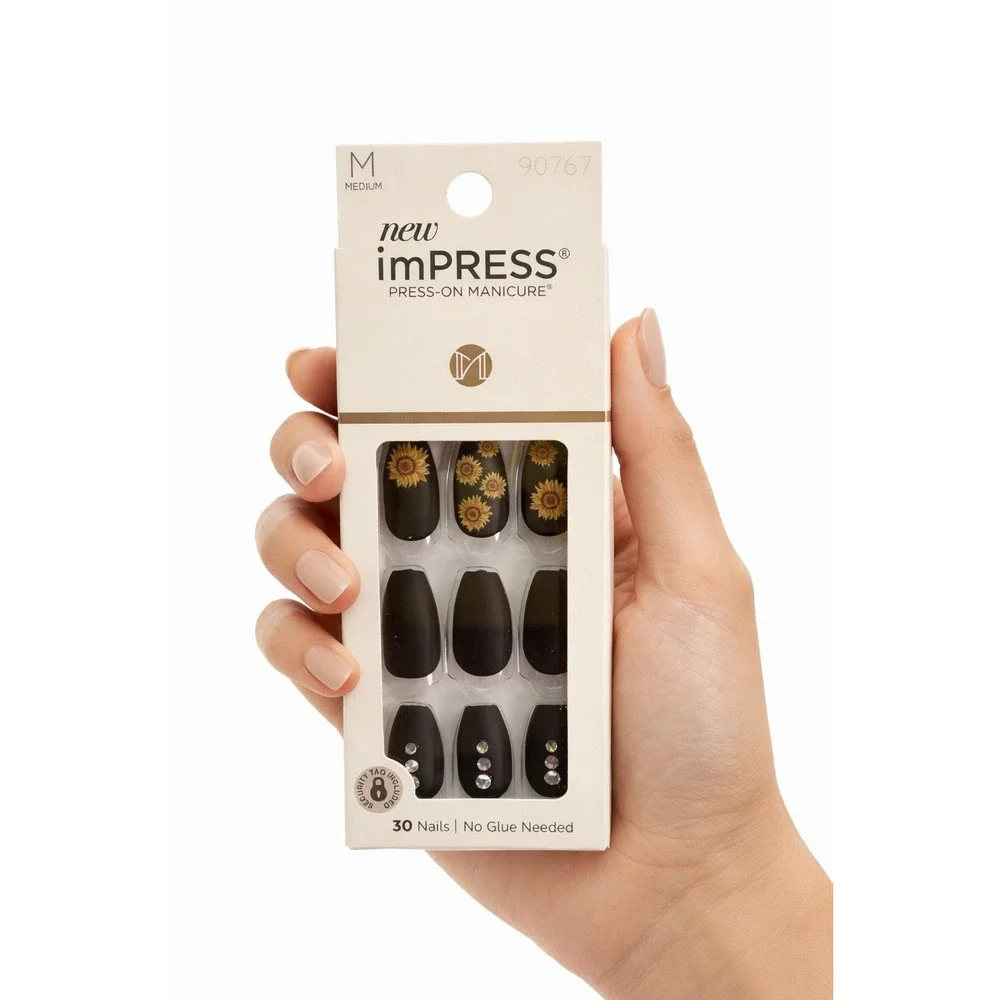 imPRESS Press-On Manicure Festival Night‎ Matte Black Sunflower Rhinestone 93-30